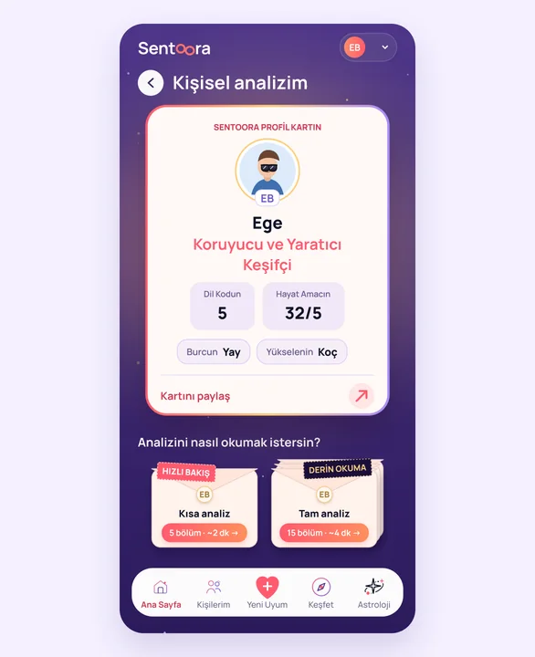 Uygulama ekranı: Kişisel analizim, Ege’nin profil kartında dil kodu 5, hayat amacı 32/5, burç ve yükselen