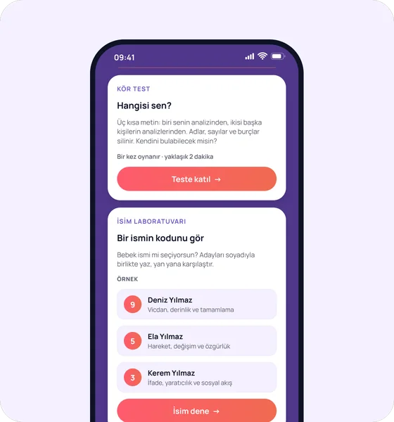 Uygulama ekranı: Keşfet, Kör test kartı Hangisi sen? ve İsim Laboratuvarı