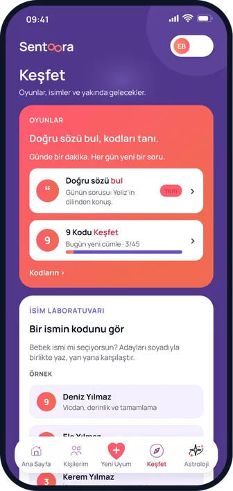Uygulama ekranı: Keşfet, Doğru sözü bul, 9 Kodu Keşfet, Kör test ve İsim Laboratuvarı kartları