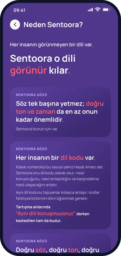 Uygulama ekranı: Neden Sentoora? sayfası ve Sentoora sözleri