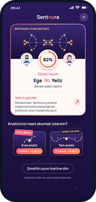 Uygulama ekranı: Ege ile Yeliz’in uyum kartı, uyum puanı ve okuma seçimi
