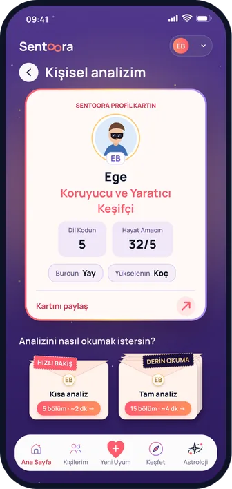 Uygulama ekranı: Kişisel analizim, Ege’nin profil kartında dil kodu, hayat amacı, burç ve yükselen